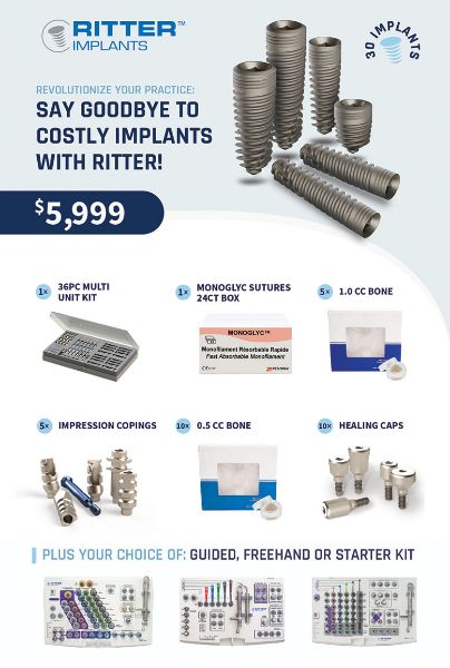 Ritter Implants 30 Implants Plus Package 30 x Implants, 1 x Multi Unit Professional Kit, 1 x Monoglyc Sutures 24CT Box, 5 x 1.0 CC Bone, 5 x Impression Copings, 10 x Healing Caps, 10 x 0.5 CC Bone, Surgical Kit of your Choice