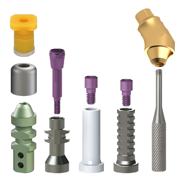 Narrow Platform 30° Angled Multi Unit Kit 4mm Shoulder Includes 1-MU-KSAN, 1-MU-KSSL, 1-MU-KSOTT, 1-MU-KSSLP, 1-MU-KS-PT, 1-MU-KSHC , 2-MU-KSTS, 1-MU-HD & 1-NL-MU-TSAMU